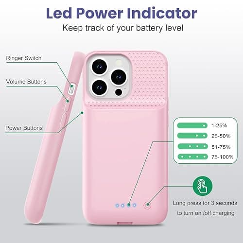 QTshine Battery Case for iPhone 13/13 Pro/14,[2025 Upgraded] 7500 mAh Ultra-Slim Portable Extended Charger Cover for iPhone 13/13 Pro/14 Charging Case (6.1 Inch)-Pink thumbnail 4