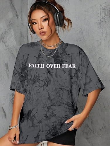 BANGELY Faith Over Fear Shirt Women Graphic Shirts Oversized Workout Gym Christian Religious Tees Drop Shoulder Tee Tops thumbnail 2