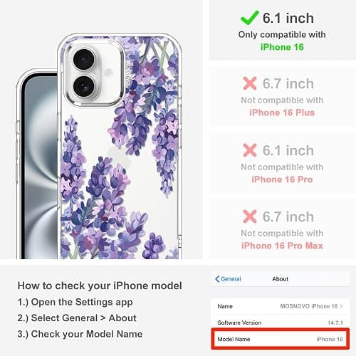 MOSNOVO Case for iPhone 16, [Buffertech 6.6ft Military-Grade Drop Protection] [Anti Peel Off Tech] Clear TPU Bumper Phone Case Cover Design - Lavender thumbnail 2