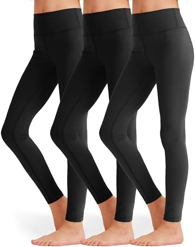 3 Pack Girls Black Athletic Leggings, Printed Ankle Length High Waisted Yoga Pants for Kids Teen - Image 1