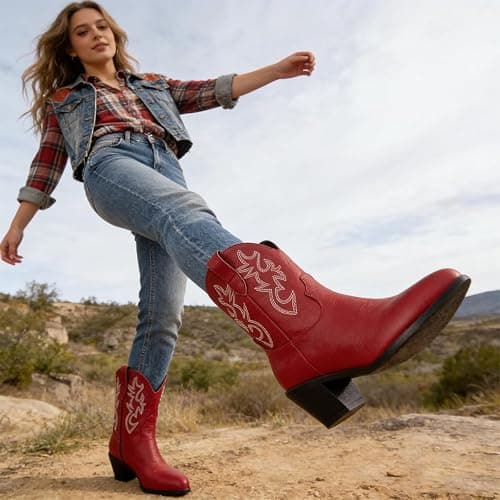 Classic Western Embroidered Cowboy Ankle Boots for Women, Pointed Toe Pull-On Cowgirl Booties with Block Heel, Short Country Style Boots thumbnail 7