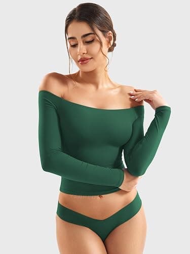 YEOREO Sophie Women Off Shoulder Long Sleeve Shirts Double Lined Basic Undershirt Y2K Going Out Tops thumbnail 4