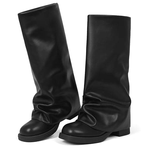 femflame Women's Fold Over Boots Slouchy Wide Calf Pleated Platform Black Boots Round Toe Chunky Stacked Riding Biker Boots Mid Calf Boots thumbnail 4
