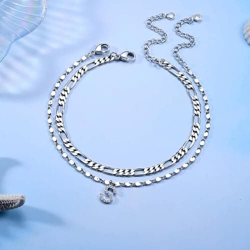 Ursteel Ankle Bracelets for Women, 14K-Gold-Plated Dainty Layered Chain CZ Initial Anklets Set Summer Jewelry Gifts for Women thumbnail 7