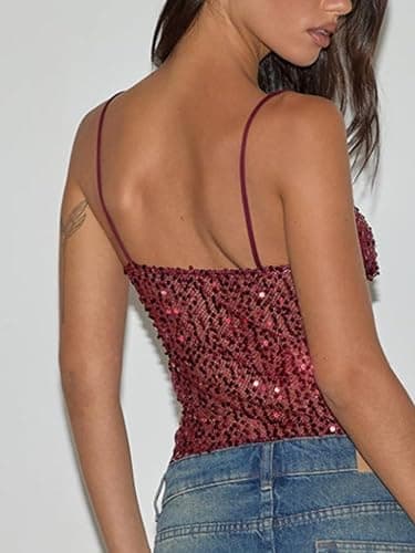 Seyumixi Women Sparkly Cami Top Sequin Spaghetti Strap Glitter Crop Top Sleeveless Going Out Tops Party Concert Outfits thumbnail 4