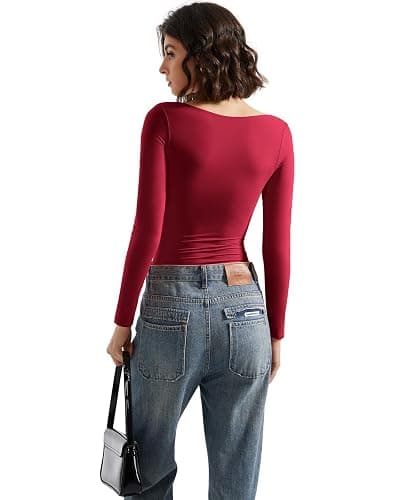 SUUKSESS Women Double Lined Fitted Basic T Shirts Scoop Neck Long Sleeve Crop Top thumbnail 3