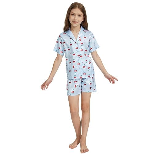 Ewbob Girls Silk Satin Pyjamas Set Short Sleeve Kids PJs Nightwear 5-14Y | Girls Silk Satin Pyjamas Set,Short Sleeve,Button-Down Kids PJs.Breathable,Soft Nightwear,Children Sleepwear,Age 5-14 thumbnail 2