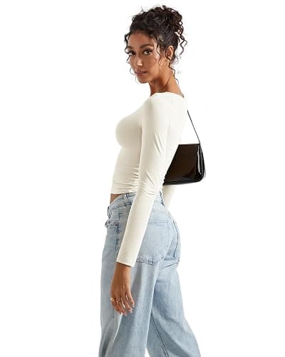 SUUKSESS Women Double Lined Fitted Basic T Shirts Scoop Neck Long Sleeve Crop Top thumbnail 5