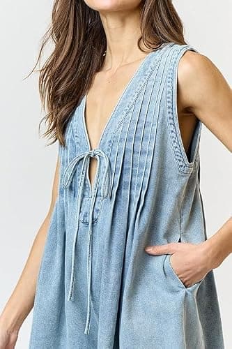 Fronage Women's Denim Dress Sleeveless Tie Front Ruffle Jean Dress Casual V Neck Club Party Dress thumbnail 4