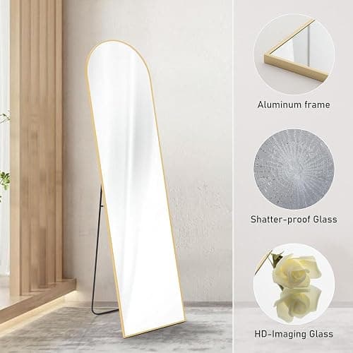 DUMOS Arched Full Length Mirror with Stand Floor Standing Aluminum Frame for Bedroom Body Hanging Leaning Modern Simple Home Decor Shatter-Proorf Nano Glass Wall Living Room Cloakroom Gold 59.1"x15.8" thumbnail 4