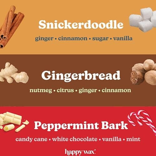 Happy Wax Holiday Treats Collection Scented Natural Soy Wax Melts – 6 Total Oz. of Scented Wax Melts, Collection Includes Peppermint Bark, Gingerbread, and Snickerdoodle thumbnail 2