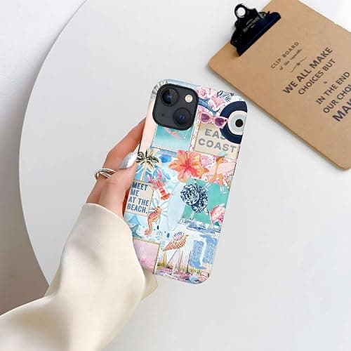 Generic Case Compatible with iPhone 14,Scratch Resistant Hybrid 2-Layer Hard Shell Phone Case,Seashells Beach Summer Jellyfish Collage thumbnail 7