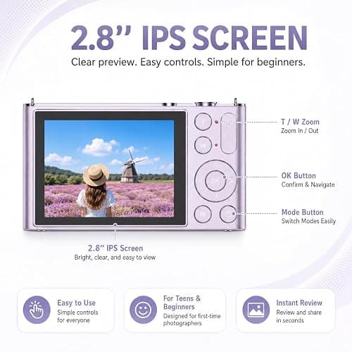 Fwmntu 4K Digital Camera for Teens and Beginners, 72MP Point and Shoot Camera with Autofocus, 16X Digital Zoom, 2.8 Inch IPS Screen, Type-C Rechargeable Compact Camera with 32GB Card, Purple thumbnail 2