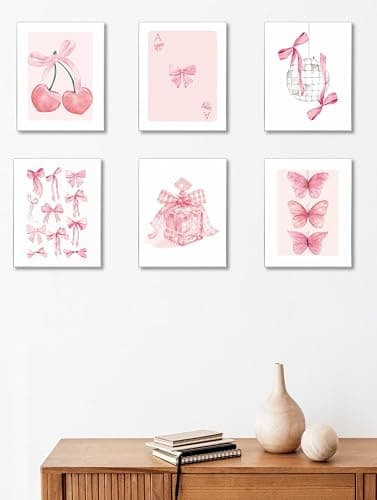 MINI ZOZI Pink Bow Decor 8X10 6PCS Bows Coquette Wall Art Trendy Posters Cherry Paintings Preppy Poster Decorations Girl Bedroom Dorm Nursery Room Cute Pictures Print Aesthetic thumbnail 4