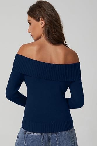 QINSEN Cotton Off The Shoulder Sweater for Women Long Sleeve Ribbed Knit Pullover Sweater Slim Fit Going Out Tops thumbnail 2