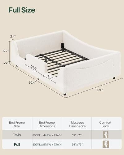HAUOMS Full Floor Bed, Low Montessori 2-in-1 Convertible Beds, with Slats and High Rails, Upholstered Teddy Boucle, Curve Round Frame for Girls and Boys, No Box Spring Needed, Easy Assemble, Beige thumbnail 2