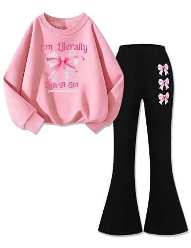 KIDOOPIX Girls Clothes 2 Pieces Stylish Bow Letter Print Long Sleeve Sweatshirt & Pants for 7-14Y - Image 1