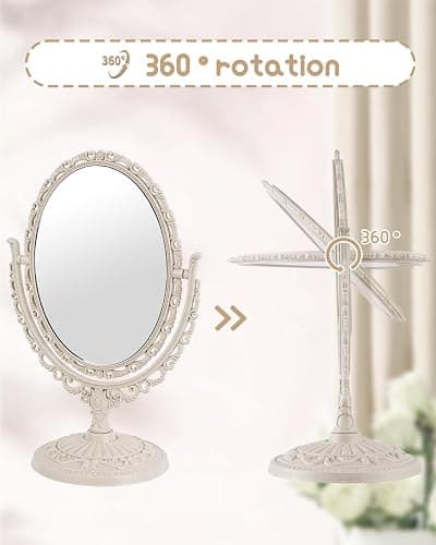 XPXKJ Vintage Vanity Mirror Shabby Chic Decor | 360° Rotating Double-Sided Table Makeup Mirror with Stand Bedroom Decoration Perfect for Tabletop, Desk, or Makeup Station thumbnail 4