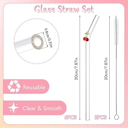 Glass Straws, Reusable 6pcs Bent Drinking Straws With 2 Cleaning Brushes - Clear for Smoothie, Milk, Coffee, Cocktail, Water, Juice thumbnail 3