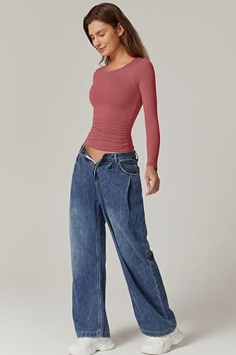 QINSEN Womens Crewneck Long Sleeve Shirt Double Lined Basic Tees Side Ruched Going Out Crop Tops thumbnail 3