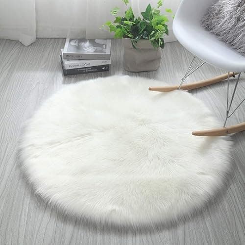HARESLE Faux Fur Rug Round Shape Shaggy Rugs Floor Carpet for Bedroom Living Room Kids Room (White,Diam 50cm/19.6in/1.64ft) - Image 1