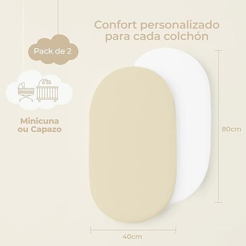 Dreamzie Juego de 2 Sabana Bajera Cuna 40x80 Algodon - Ajustables, Oeko Tex Certificado - para Capazao, Cochecito y Minicuna - Beige/Blanco thumbnail 2
