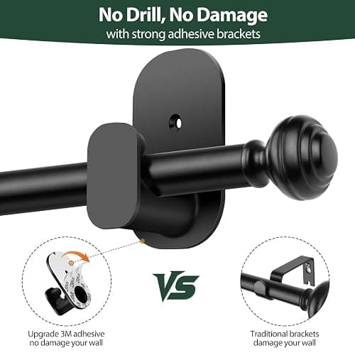 KAMANINA Curtain Rods No Drilling for Windows 32 to 86 Inches, 5/8 Inch Adjustable Renter Friendly Curain Rod with 3M Adhesive Brackets without Drilling, Black thumbnail 5