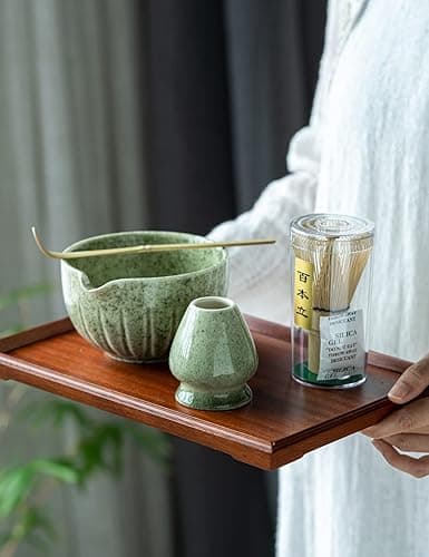 TANG PIN Matcha Set - Match Bowl with Spout and Whisk, 15 OZ, Matcha Scoop | Matcha Whisk Stand (Chasen Holder) - 4pc Perfect Matcha Kit for Matcha Tea Ceremony (Mottled Green) - Mottled Green thumbnail 9