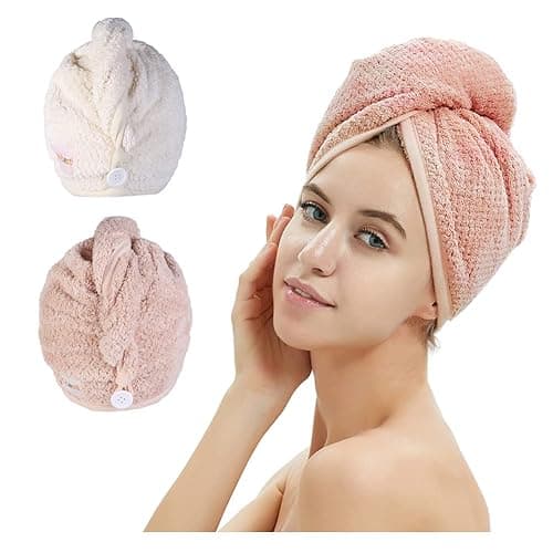 M-bestl 2 Pack Microfiber Hair Towel Wrap,Hair Drying Towel with Button, Towel Turban,Head Towel to Dry Hair Quickly (Pink&Beige) - Pink&beige