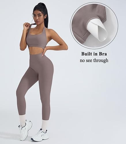 OMKAGI 2 Piece Workout Sets for Women Halter Sports Bras Gym Sets Booty Leggings Outfits thumbnail 2