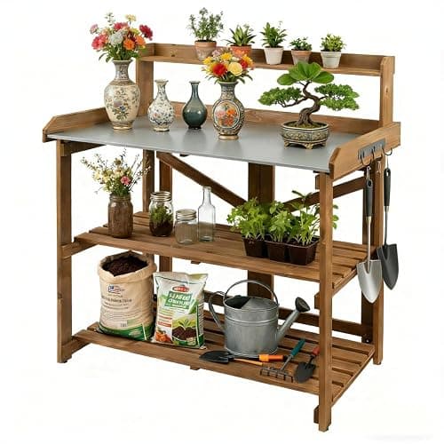 Outdoor Potting Bench Table, Indoor Wooden Work Station with Metal Table Top, Metal Hooks, Large Shelves, Heavy-Duty Gardening Workbench for Garden, Backyard, Patio, BBQ Prep Station, Easy Assembly - Image 1