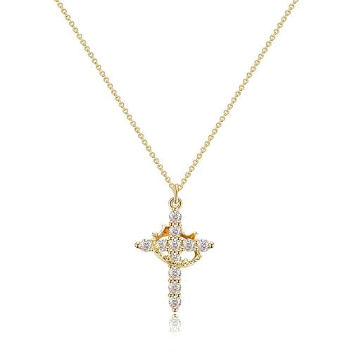 Robaice Crown Cross Necklace for Women 14K Gold Plated Crown Cross Pendant Necklace Simple Diamond Gold Necklaces Faith Cross Jewelry First Communion Necklace - Image 1