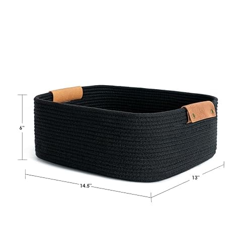 Cherrynow Square Cotton Rope Basket with Handles for Books, Magazines, Toys, Decorative Rectangle Woven Storage Basket for Baby Nursery, Living Room, Bathroom, Black thumbnail 3