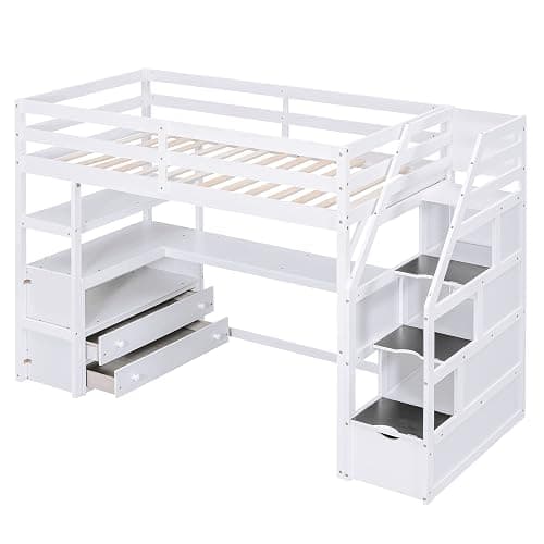 Harper & Bright Designs Twin Size Loft Bed with Desk Staircase and Storage Drawers, Solid Wood Loft Bed Frame with Shelves for Kids Adults Teens, White thumbnail 5