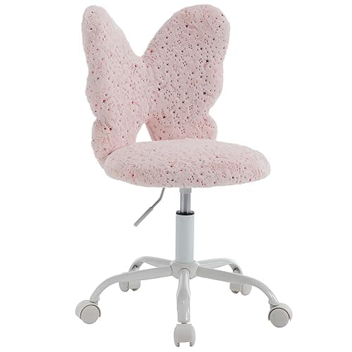 chairus Kids Desk Chair Butterfly Faux Fur Study Chair for Teenage Girls Adjustable Kids Vanity Chair for Bedroom Reading Living Room, Small Cute Student Task Chair with White Foot, Baby Pink - Baby Pink