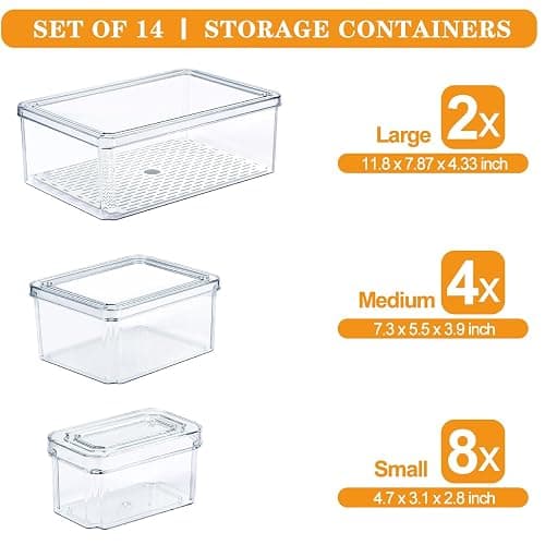 14 Pack Fridge Organizer, Stackable Refrigerator Organizer Bins with Lids PBA-Free, Clear Fridge Organizers and Storage for Kitchen, Countertops, Cabinets, Fridge, Drinks, Fruits, Vegetable, Cereals thumbnail 3
