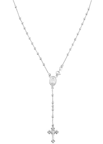Miabella Italian 925 Sterling Silver or 18K Gold Plated Rosary Bead Cross Y Necklace Chain for Women - sterling silver - Length 20 Inches (average women's length)