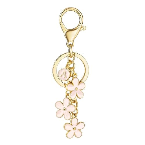 SELOVO Initial Keychain White/Pink/Black Cute Keychain Girl Purse Charms for Handbag Cute Letter Flower Keyring for Backpack - Image 1