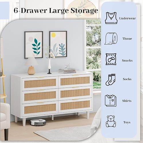 NTYUNRR 51.18" Rattan Dresser for Bedroom, Mid Century 6 Drawer Dressers, Wooden Dresser Chest of Drawers, White Modern Closet Boho Dressers Storage Cabinet, for Living Room Hallway Entryway, M thumbnail 4