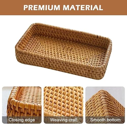 Rattan Serving Trays, Rectangle Decorative Display Tray, Storage Tray, Toilet Tank Paper Trays, Desktop Organiser Platters for Kitchen, Makeup, Vanity, Napkin, Candle, Ornament (Color:Brown) thumbnail 4