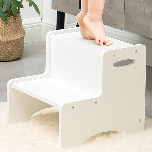WOOD CITY Toddler Step Stool, Wooden 2 Step Stools for Bathroom Sink Potty Training Kitchen Dual Height Stool Helper for Kids Bonus Non-Slip Pads and Handles for Safety (White) - Image 1