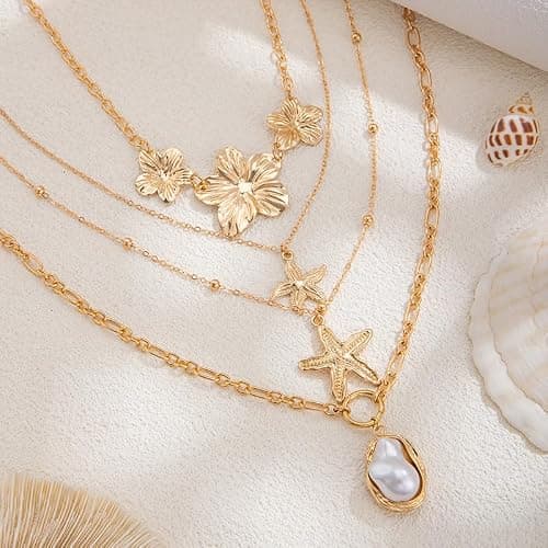 Gold Hibiscus Flower Statement Necklaces Chunky Big Flowers Floral Pearl Starfish Charms Layered Beach Beachy Vacation Choker Necklace Jewelry for Women thumbnail 8
