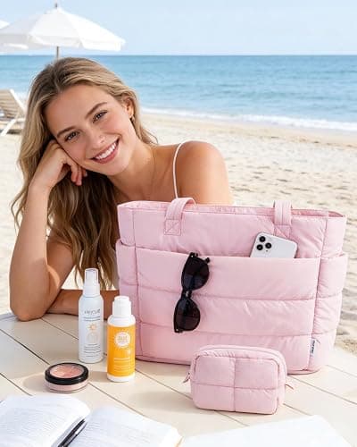 Narwey Nylon Puffer Tote Bag for Women, Quilted Work Nurse Teacher Tote Bag | Lightweight, Puffy, Aesthetic, Trendy, 15.6 Laptop Sleeve, 40oz Tumble holder, Shoulder Bag for Travel, Gym, Holiday Gifts thumbnail 2