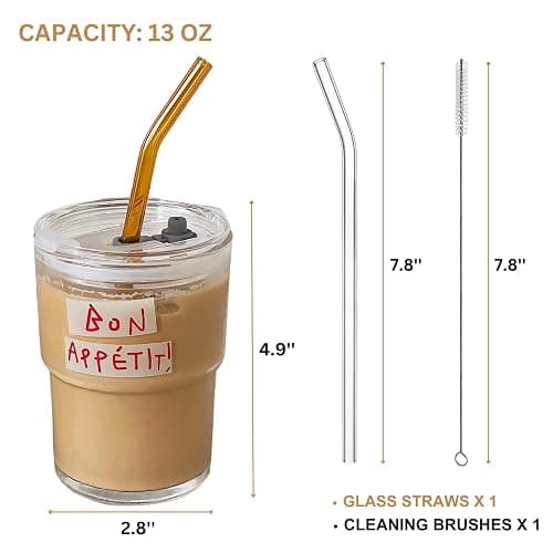 Olvini 13oz Glass Tumbler with Straw and Lid, Reusable Iced Coffee Cup Tumbler, Cute Glass Cups for Water, Matcha, Travel Coffee Mugs (Bon Appétit) thumbnail 3