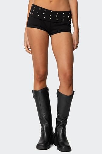 Fernvia Women Low Waist Studded Fold Over Shorts Rivet Shorts Slim Fit Boxer Short Rave Mini Bottoms thumbnail 2