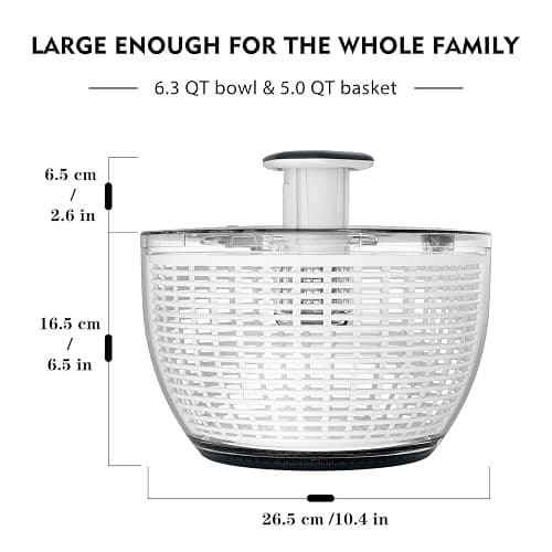 Ourokhome Salad Spinner Lettuce Dryer, One-handed Easy Press Large Vegetable Dryer Salad Mixer with Comfortable and Retractable Pusher and Brake Button for Greens, Herb, Berry, Fruits, 6.3 QT, Black thumbnail 2