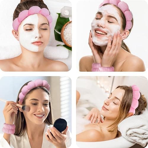 Tetizo Spa Headbands for Washing Face Wristband Set Sponge Makeup Skincare Headband Wrist Towels Bubble Soft Terry Towel Cloth Hairband for Women Puffy Headwear Non Slip Thick Hair Headwear (Pink) thumbnail 3