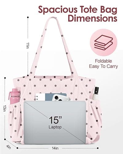 Miss Adola Cute Corduroy Tote Bag for Women - Large Capacity Multi-Pocket Shoulder Bag with Zipper thumbnail 4