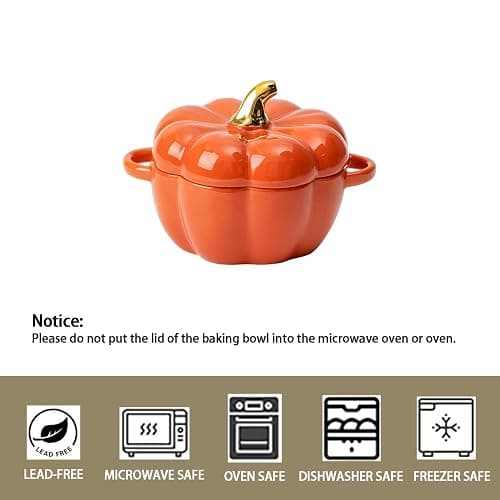 Pumpkin Bowl Set with Lid and Handle, Set of 2 Ceramic Ramekins for Baking, Casserole Dish Individual Severing Pot, Stoneware, Oven Safe, 14 Oz (Orange) thumbnail 5