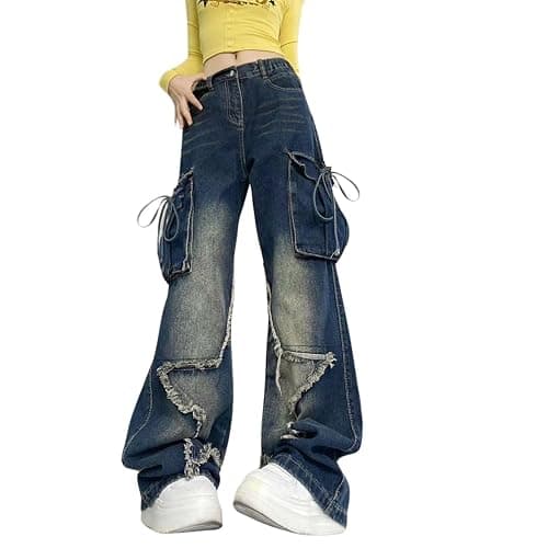 PEAINJ Star Jeans for Women Girls Baggy Cute Patchwork Denim Pants Y2k High Waisted Jeans Grunge Aesthetic Clothes - Image 1